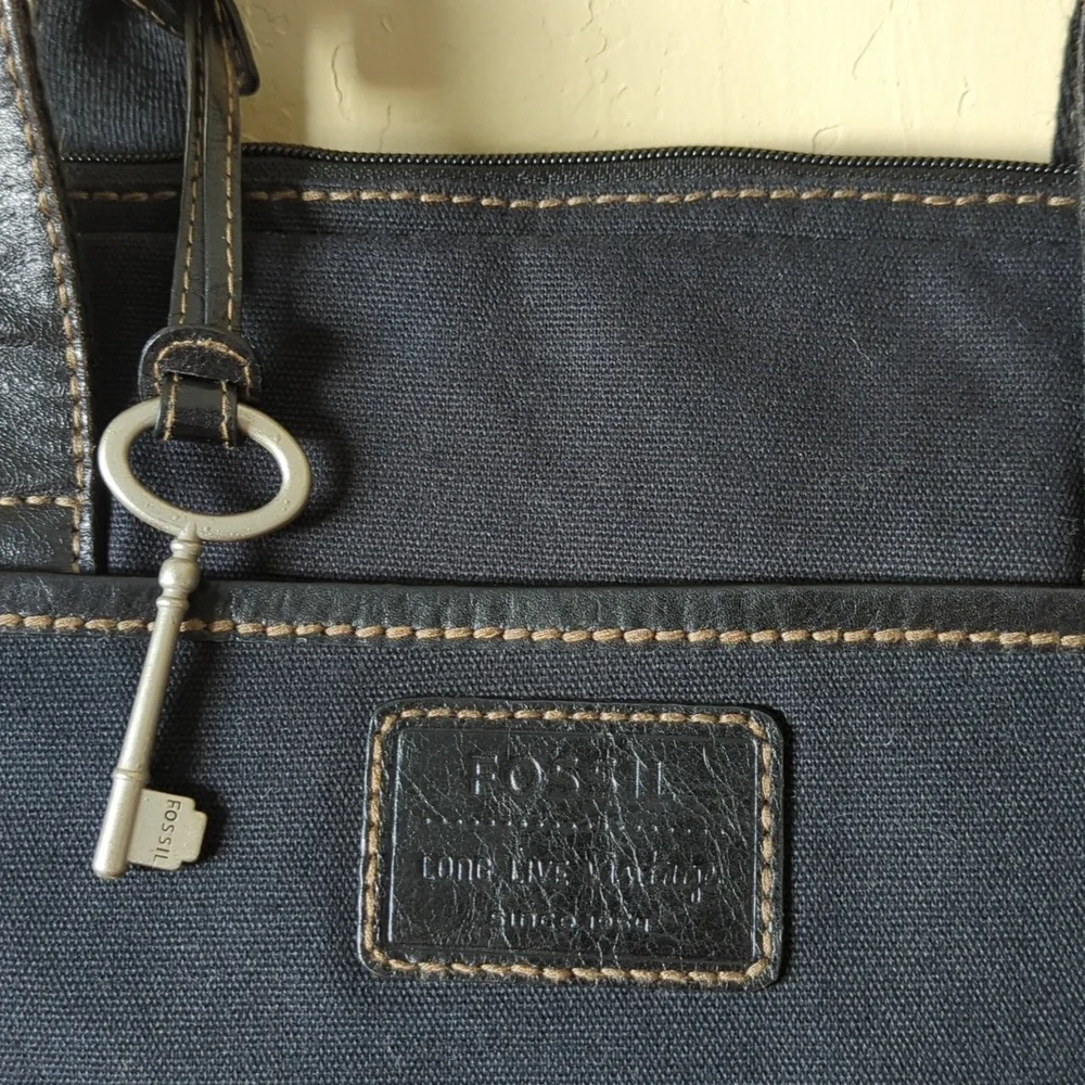 Fossil Black Lizette Canvas & Leather Crossbody Messenger Bag